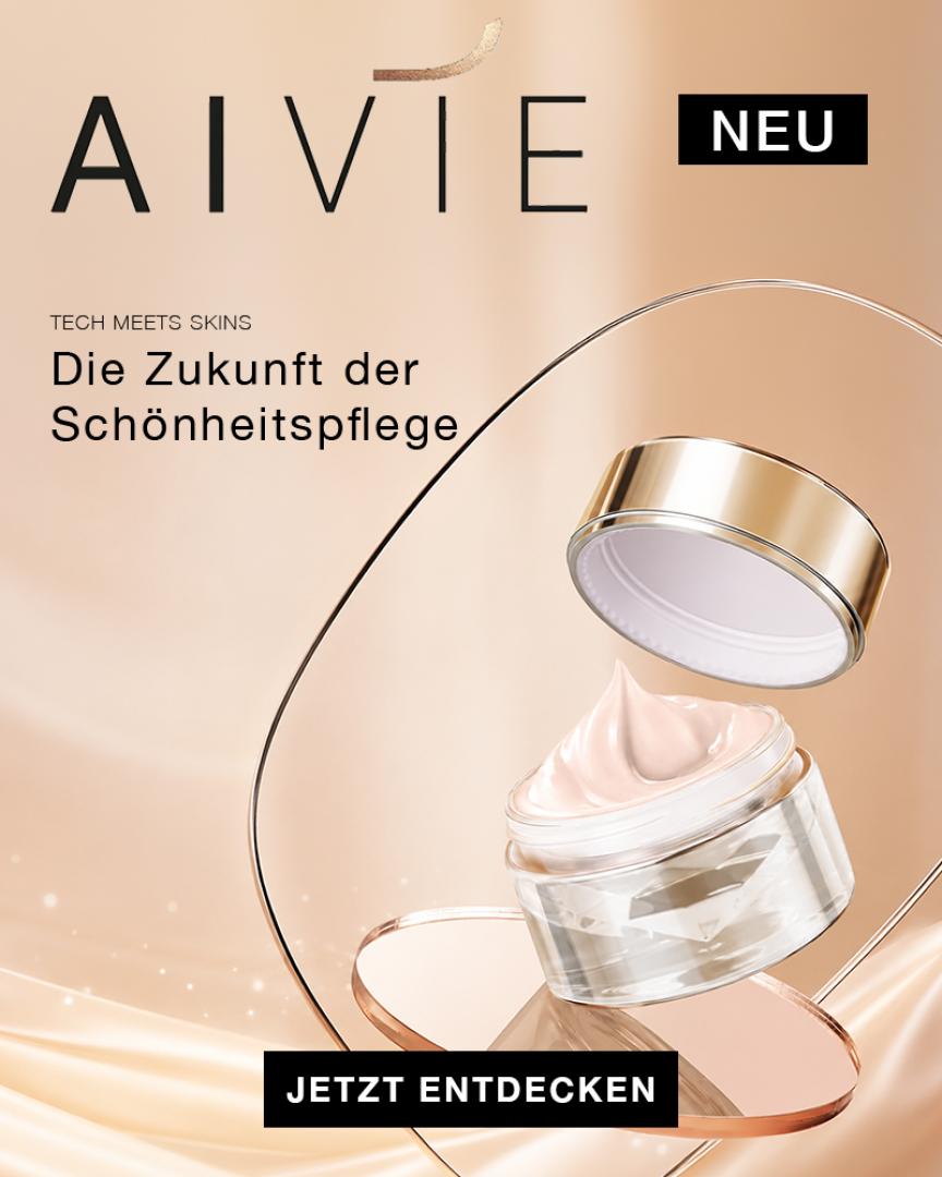 Schwebendes, geöffnetes Kosmetikglas mit rosafarbenem Inhalt vor beigem Hintergrund mit goldfarbenen Linien und Text 'NEU AIVIE Die Zukunft der Schönheitspflege JETZT ENTDECKEN'